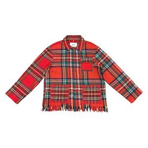 BODE Patchwork Plaid Wool Jacket Red Fringe Hem Button Up Unisex S